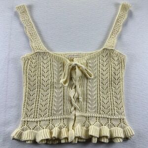 Women's Small Et Clet Cream Pointelle Knit Lace Up Ruffle Hem Camisole‎ Crop Top